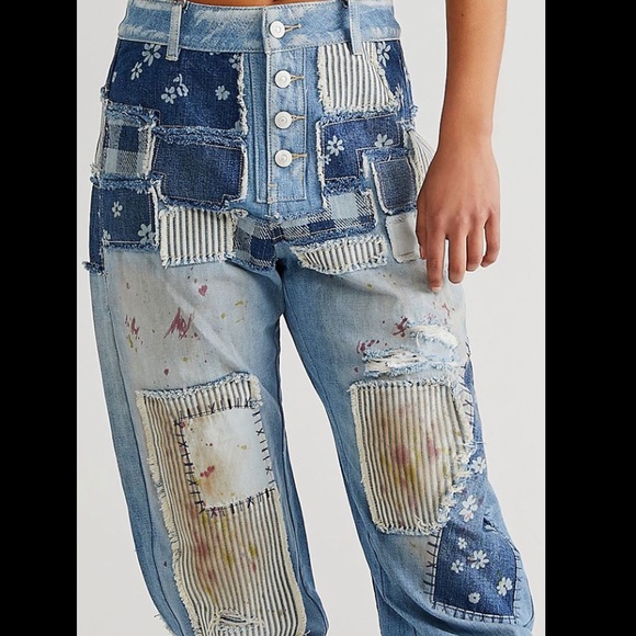 Free People Azalea Patchwork Blue Jeans Daisy Blue size 28 - Picture 3 of 14